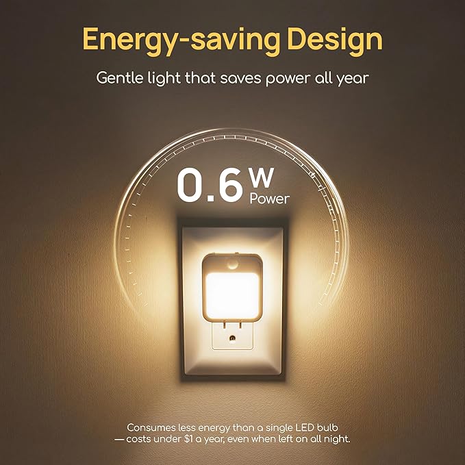 Plug-in Night Light with Motion Sensor, Dusk-to-Dawn Light Sensor, Stepless Dimming LED Night Lights for Bedroom, Hallway, Bathroom, Kids Room, Energy Efficient, 2-Pack