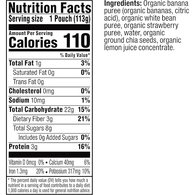 Plum Organics Mighty Builder Organic Toddler Food - Banana, White Bean, Strawberry, and Chia - 4 oz Pouch (Pack of 12) - Organic Fruit and Vegetable Toddler Food Pouch