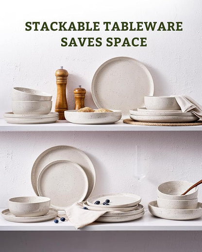 Famiware Meteor Stoneware Dinnerware Sets with Pasta Bowls, Service for 4 (16 Pieces), Plates and Bowls Sets, Microwave and Dishwasher Safe Dishes Set, Creamy White
