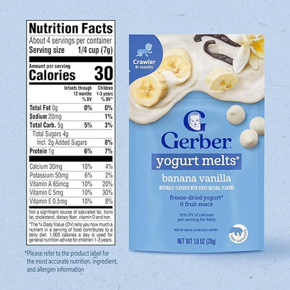 Gerber Stage 3 Baby Food Snacks, Banana Vanilla Yogurt Melts, Freeze Dried Yogurt and Fruit Snacks for Babies, Baby Led Feeding, 7-Pack