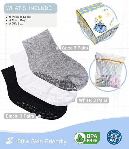 Baby Mid-Crew Socks with Grips (9 Pairs) for 0-7 Years Old Toddler Boy Girl Kids