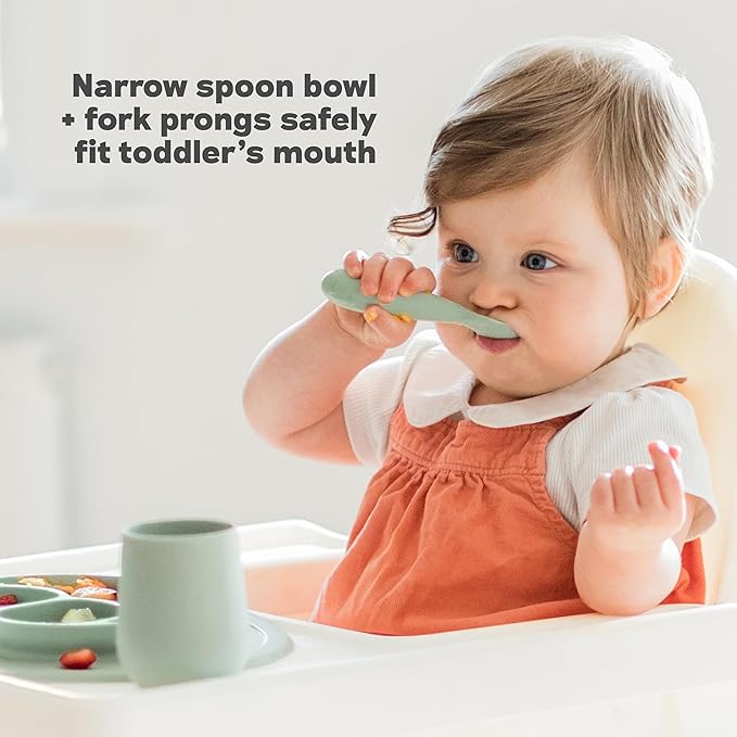 ezpz Mini Utensils - 12 Months+ (Fork & Spoon in Sage) - 100% BPA Free Fork and Spoon - Toddler Utensils - Designed by a Pediatric Feeding Specialist