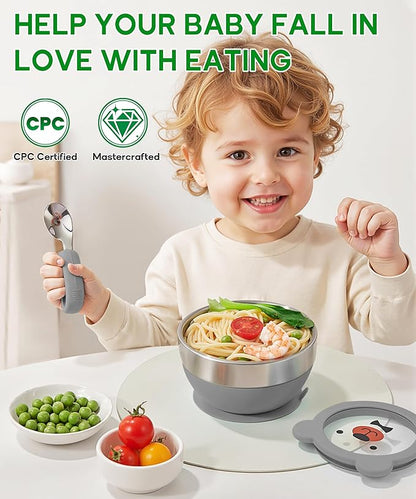 Suction Bowl and Spoon Set for Babies and Toddlers Non-Slip Silicone Suction Cups, Advanced 304 Stainless Steel Bowls, Double-Layer Insulation, and BPA-Free Lids Food-Grade Safety