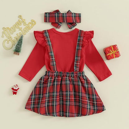 Hnyenmcko Newborn Baby Girl Christmas Clothes Infant Red Plaid Romper Dress Ruffle Long Sleeve Ribbed Bodysuit Headband Set