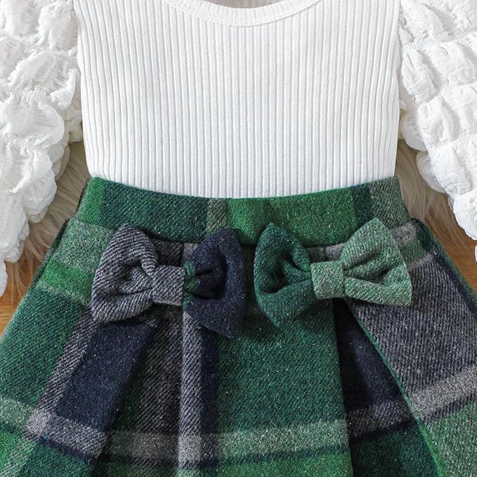 Toddler Baby Girl Plaid Dress Puff Sleeve Bow Patchwork Ribbed Shirts Dress Plaid Fall Winter Outfits with Headband