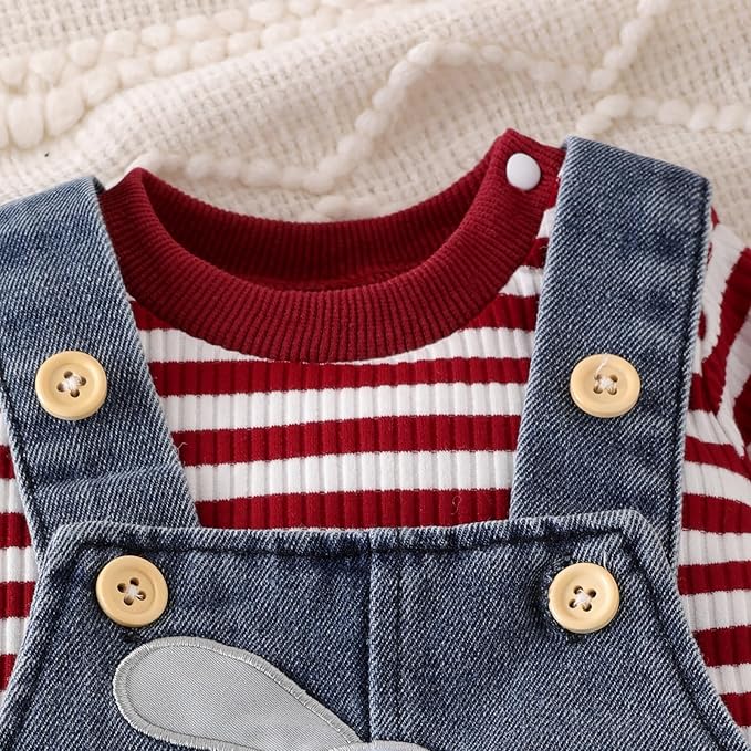 Baby Boy Clothes Fall Winter Outfits Long Sleeve Striped Romper Cute Cartoon Jeans Overalls Pants Set 0-18 Months