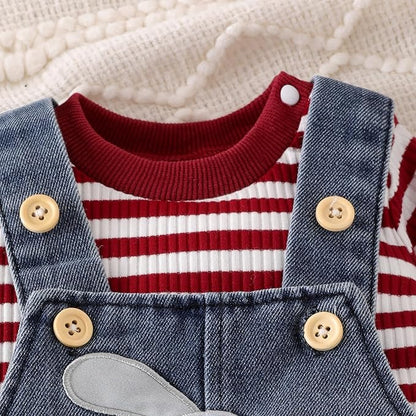 Baby Boy Clothes Fall Winter Outfits Long Sleeve Striped Romper Cute Cartoon Jeans Overalls Pants Set 0-18 Months