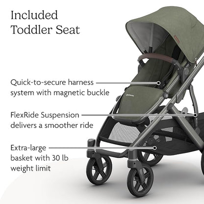 UPPAbaby Vista V3 Stroller - Full-Size Single-to-Double Stroller System - Toddler Seat, Bug Shield, Rain Shield, and Storage Bag Included - Evelyn (Meadow Green/Graphite Frame/Chestnut Leather)