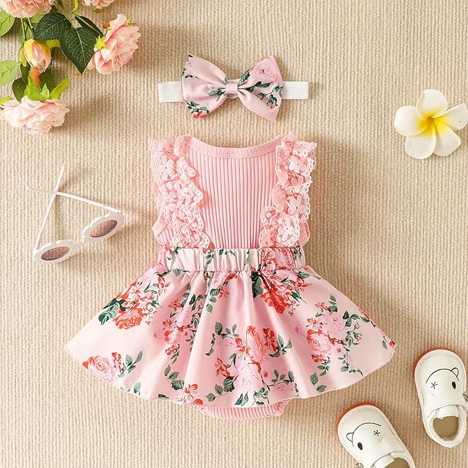 Baby Girl Clothes Newborn Romper Dress Infant Lace Ruffle Sleeveless Summer Outfits with Headband 0-12 Months