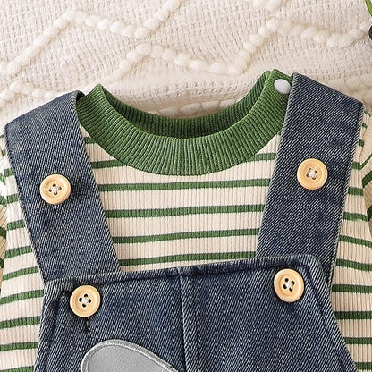 Baby Boy Clothes Fall Winter Outfits Long Sleeve Striped Romper Cute Cartoon Jeans Overalls Pants Set 0-18 Months