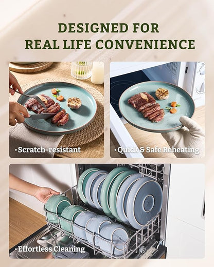 Famiware Meteor Plates and Bowls Sets for 4, 12 Pieces Dinnerware Sets, Microwave and Dishwasher Safe Dishes Set, Peacock Green