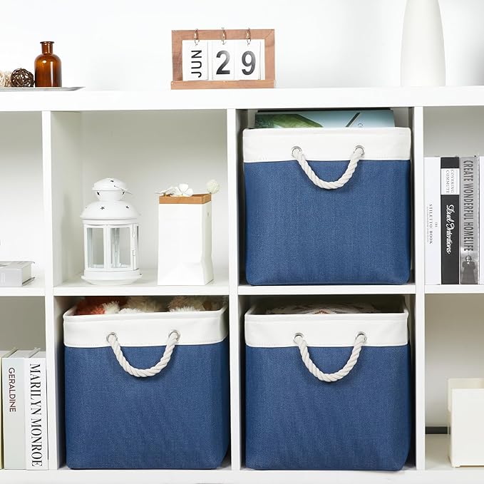 Bidtakay Large Storage Baskets for Shelves 3 Pack Fabric Storage Bins for Organizing Navy Blue Decorative Baskets Linen Collapsible Organizer for Closet