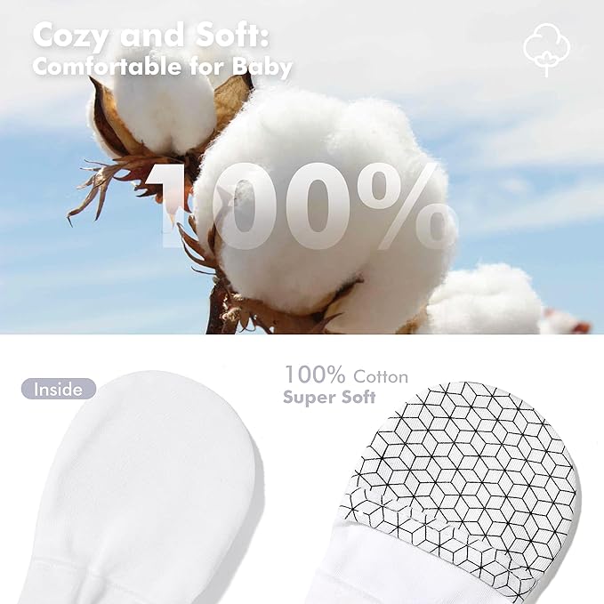 HAPIU Baby No Scratch Mittens Stay On, 100% Cotton Breathable, Adjustable Infant Gloves for Boys Girls, Newborn - 12 M