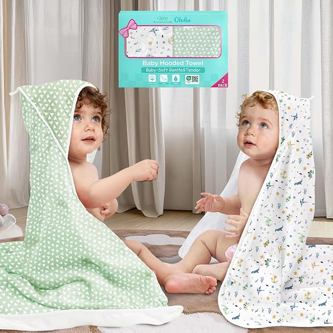 VOOVA & MOVAS 2Pack Baby Hooded Bath Towels - 100% Muslin Cotton,300GSM, 32x32 Inches,0-24Months, Super Absorbent Large Towel with Hood for Newborn,Toddler,Infant, Triangle & Dino Patten