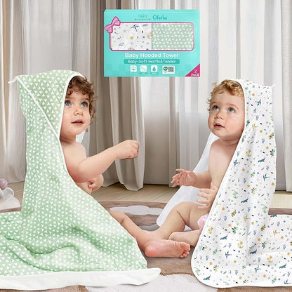 VOOVA & MOVAS 2Pack Baby Hooded Bath Towels - 100% Muslin Cotton,300GSM, 32x32 Inches,0-24Months, Super Absorbent Large Towel with Hood for Newborn,Toddler,Infant, Triangle & Dino Patten