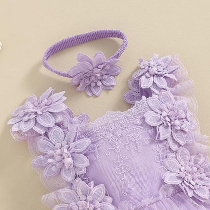 Infant Baby Girl Lace Romper Baby Tulle Dress Romper Flowers Bodysuit Spring Summer Festival Clothes with Headband