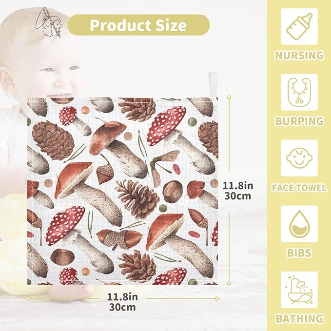 vvfelixl Mushrooms Cones Baby Burp Cloths, Baby Muslin Washcloths for Boys Girls, Cotton Baby Face Towel for Newborn Infants Soft and Absorbent 11.8 X 11.8 in, 5 Pack