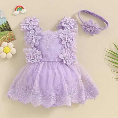 Infant Baby Girl Lace Romper Baby Tulle Dress Romper Flowers Bodysuit Spring Summer Festival Clothes with Headband