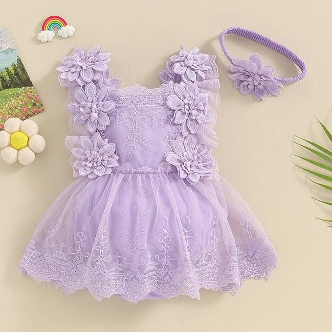 Infant Baby Girl Lace Romper Baby Tulle Dress Romper Flowers Bodysuit Spring Summer Festival Clothes with Headband