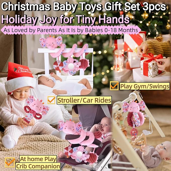 Infant Toys 0-6-12 Months Spiral Car Seat Toy, Baby Stroller Hanging Rattle Stuffed Animal for Babies 0-3-4-5-7 Christmas Newborn Boy Girl Gifts Stocking Stuffers Mirror Crinkle Elephant 3PCS