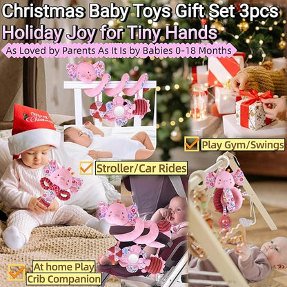 Infant Toys 0-6-12 Months Spiral Car Seat Toy, Baby Stroller Hanging Rattle Stuffed Animal for Babies 0-3-4-5-7 Christmas Newborn Boy Girl Gifts Stocking Stuffers Mirror Crinkle Elephant 3PCS