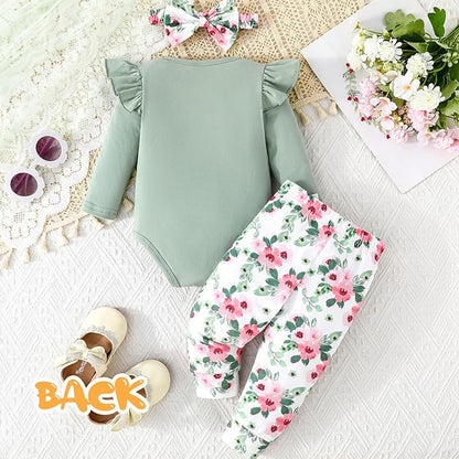GDTOGRT Newborn Baby Girl Clothes Outfit Set Sweet Ruffle Romper, Pants and Headband 0 3 6 9 12 18 Months Infant Clothing