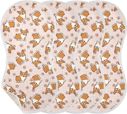 vvfelixl Baby Burp Cloths Cartoon Corgis Baby Newborn Cotton Burping Cloths Set Baby Washcloths 4 Pack Flesh-Colored