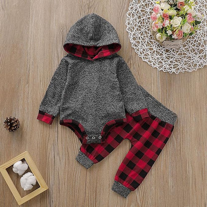 Newborn Baby Boy Clothes Fall Winter Infant Outfits Long Sleeve Hoodie Romper + Red Plaid Pants Set