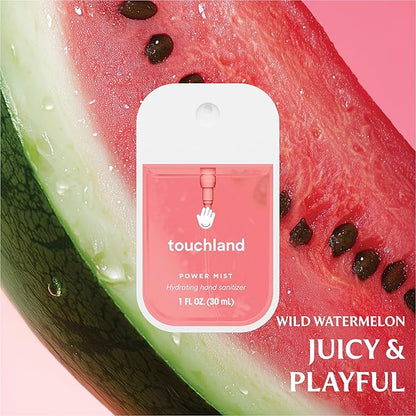 Touchland JUICY ESCAPE Body and Hand Mist Essentials (Lush Tropicale Body & Hair Fragrance Mist, 2 FL. OZ. + Wild Watermelon Hydrating Hand Sanitizer Spray 1FL.OZ.), Travel Size Set