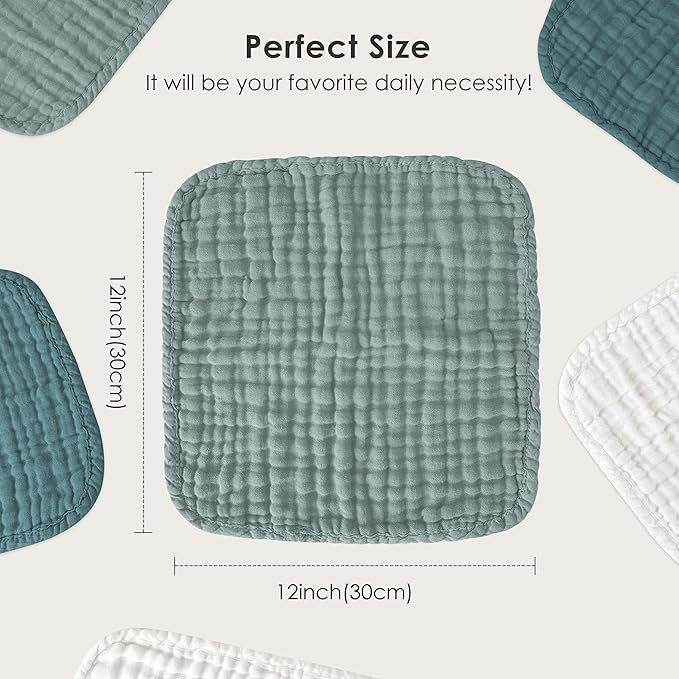 Sunny zzzZZ Baby Muslin Washcloths -100% Cotton Muslin Soft Baby Bath Wash Cloths and Absorbent Burp Cloths for Newborns Kids Girls and Boys -12 Pack, 12x12 Inches - White+Light Emerald Series