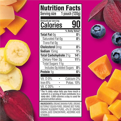 HAPPYTOT Organics Stage 4 Baby Food Pouches, Gluten Free, Vegan Snack, Love My Veggies, Fruit & Veggie Puree, Banana, Beet, Squash & Blueberry, 4.22 Ounce (Pack of 16)