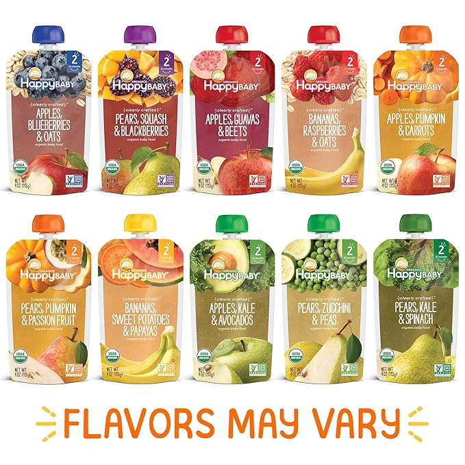 Happy Baby Organics Stage 2 Baby Food Pouches, Gluten Free, Vegan & Healthy Snack, Clearly Crafted Fruit & Veggie Puree, Fruit & Veggie Variety Pack, 4 Ounces (Pack of 10), Amazon Exclusive
