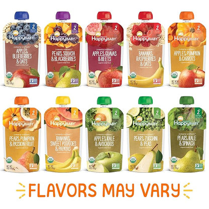 Happy Baby Organics Stage 2 Baby Food Pouches, Gluten Free, Vegan & Healthy Snack, Clearly Crafted Fruit & Veggie Puree, Fruit & Veggie Variety Pack, 4 Ounces (Pack of 10), Amazon Exclusive
