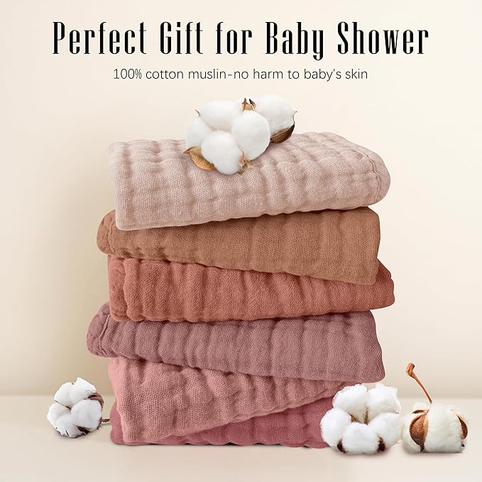 SWEET DOLPHIN 12 Pack Muslin Burp Cloths Large 100% Cotton Burping Clothes for Baby Drool - Absorbent and Soft Boys & Girls Milk Spit Up Rags for Newborn Essentials Registry - Muted Terracotta