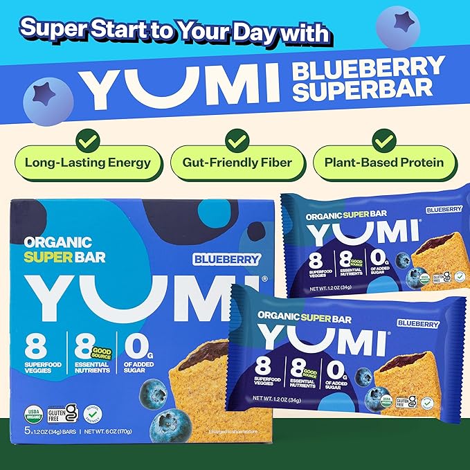 YUMI Organic Breakfast Superbar, Gluten-Free, No Added Sugar, 7+ Vegetables, Soft-Baked Crust, Healthy Snack Bars for Kids, School Safe, Healthy Alternative to Granola Bars or Cereal Bars, Blueberry (30ct)