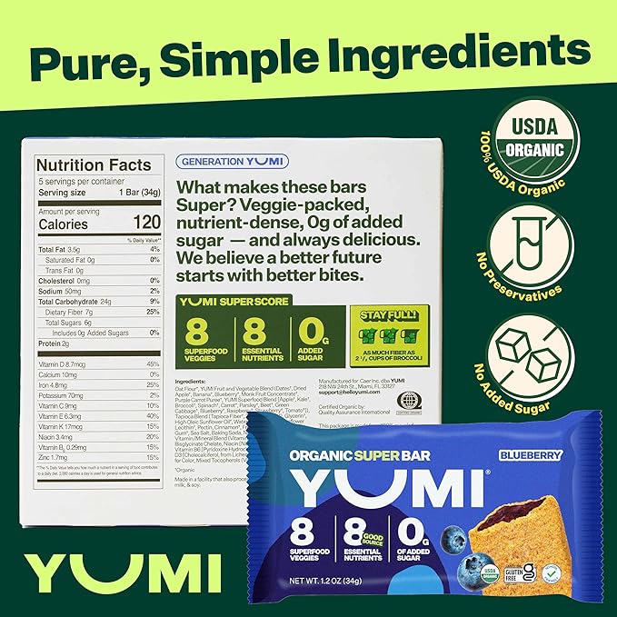 YUMI Organic Breakfast Superbar, Gluten-Free, No Added Sugar, 7+ Vegetables, Soft-Baked Crust, Healthy Snack Bars for Kids, School Safe, Healthy Alternative to Granola Bars or Cereal Bars, Blueberry (30ct)