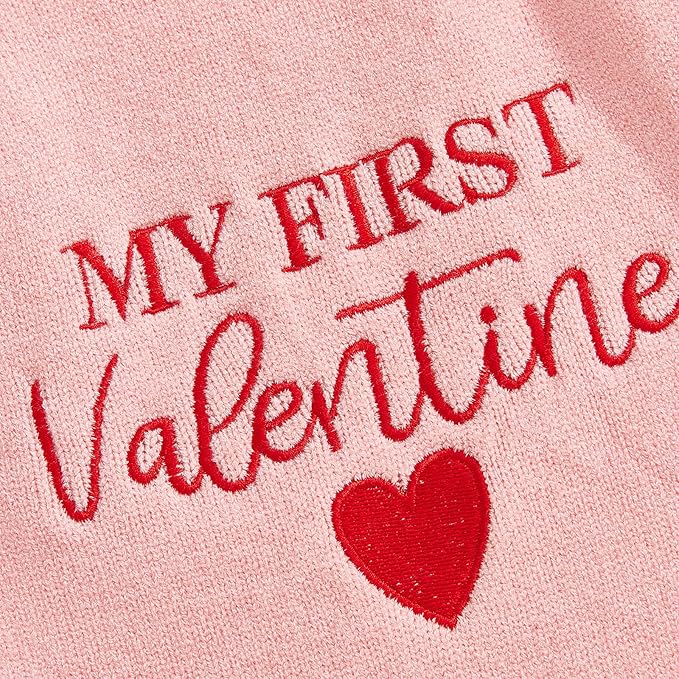 Infant My First Valentines Baby Girl Outfit Newborn Button Heart Embroidery Knit Romper Bubble Bodysuit One Piece