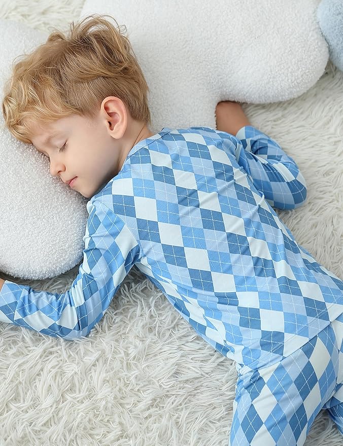 JunNeng Bamboo Viscose Pajamas for Toddler Boys, Baby Kids Diamond Pajamas Snug Fit Long Sleeve Sleeper