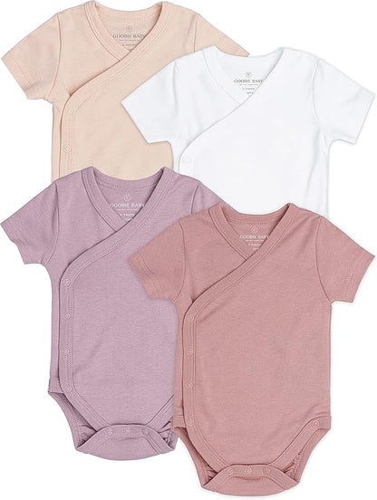Baby Side Snap Bodysuit Set, 100% Cotton Boy Girl Unisex Kimono Onesie, 4 Pack