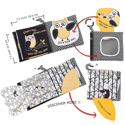 Touch and Feel Cloth Crinkle Books for Babies Infant, Baby Books Toys 0-3-6-12 Months, Christmas Shower Baby Gifts, High Contrast Toys,Teething Teethers, Tummy Time Mirror Toys for Boys and Girls-Owl
