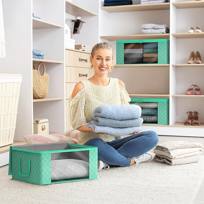 Sorbus Medium Clothes Storage Bags - Foldable Blanket Storage Bins for Organizing Bedroom, Closet, Clothing, Comforter, Organization with Clear Window, Lids and Carry Handles - Set of 3