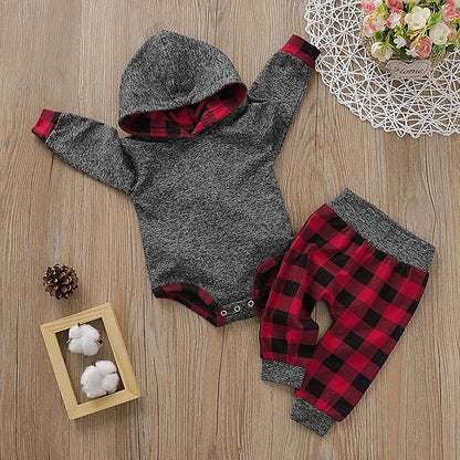 Newborn Baby Boy Clothes Fall Winter Infant Outfits Long Sleeve Hoodie Romper + Red Plaid Pants Set