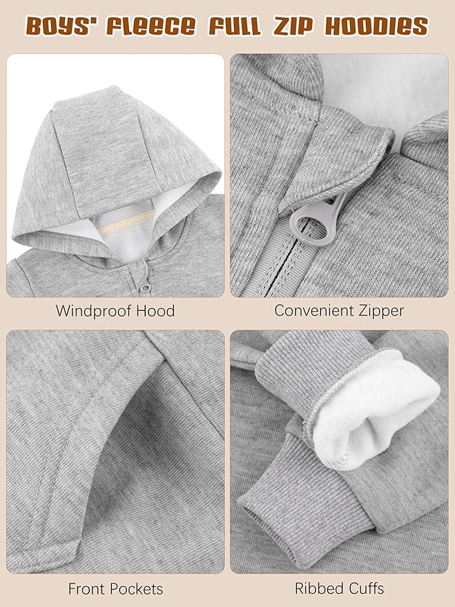 Cooraby 3 Packs Baby and Toddler Boys Long Sleeve Full-Zip Hoodies Infant Fleece Hooded Sweatshirts Jacket with Pouch Pockets