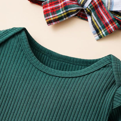 Hnyenmcko Newborn Baby Girl Christmas Clothes Infant Red Plaid Romper Dress Ruffle Long Sleeve Ribbed Bodysuit Headband Set