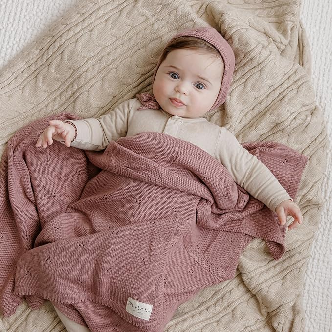 Organic Pointelle Receiving Swaddle Blanket for Girls - 100% Luxury Organic Soft Cotton Knit Warm Cozy Cuddle Stroller Blanket for Newborns, Infants, & Toddlers (Sugar Plum)
