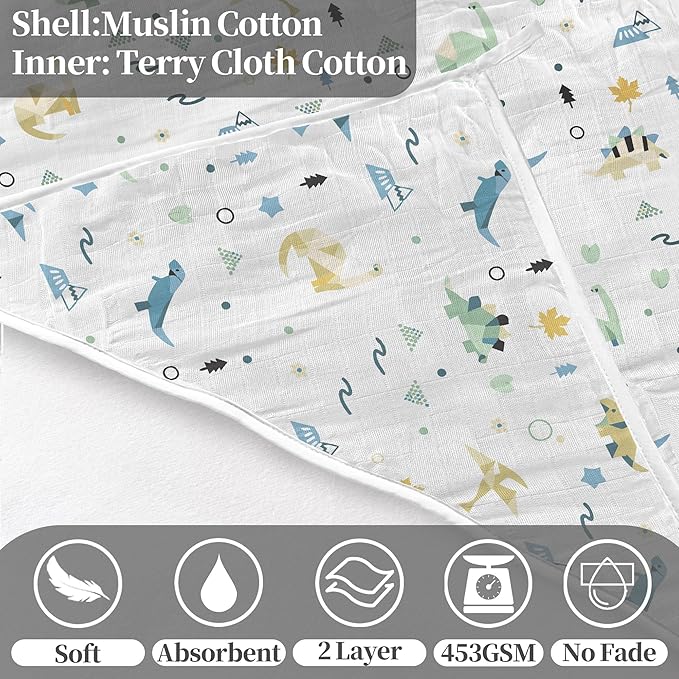 VOOVA & MOVAS 2Pack Baby Hooded Bath Towels - 100% Muslin Cotton,300GSM, 32x32 Inches,0-24Months, Super Absorbent Large Towel with Hood for Newborn,Toddler,Infant, Triangle & Dino Patten