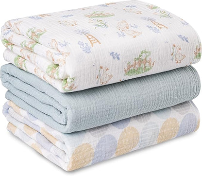 Muslin Swaddle Blankets for Newborn, 3 Pack Breathable Soft Receiving Blanket, Large 38 x 40 inches Swaddle Wrap Burping Clothes Diapers, Essentials Infant Shower Items, Toddler Gift (Cute Country)
