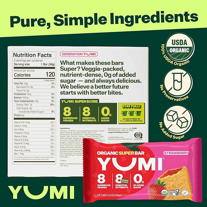 YUMI Organic Breakfast Superbar, Gluten-Free, No Added Sugar, 7+ Vegetables, Soft-Baked Crust, Healthy Snack Bars for Kids, School Safe, Healthy Alternative to Granola Bars or Cereal Bars, Strawberry (30ct)