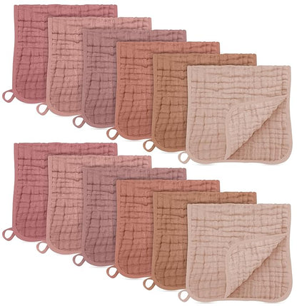 SWEET DOLPHIN 12 Pack Muslin Burp Cloths Large 100% Cotton Burping Clothes for Baby Drool - Absorbent and Soft Boys & Girls Milk Spit Up Rags for Newborn Essentials Registry - Muted Terracotta