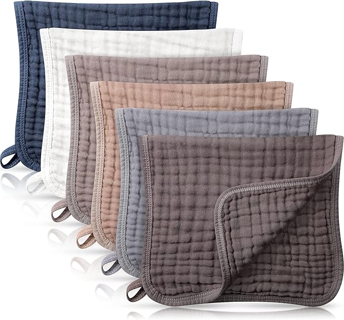 Irenare 6 Pack Muslin Burp Cloths Cotton Baby Burping Rags Large 20 x 10 Inch 6 Layers Spit up Rags Soft Absorbent Multicolor Wash Cloths Diapers for Newborn Baby Girl Boy(Simple Colors)